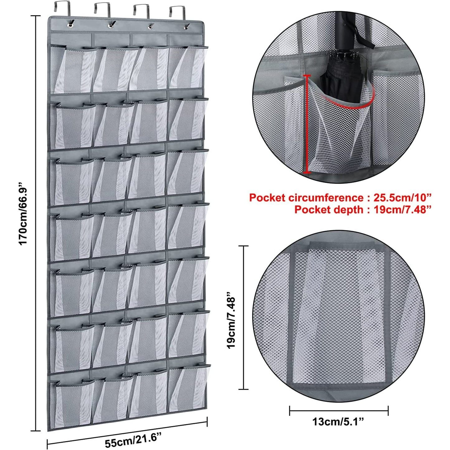 IZEYNO Over the Door Shoe Organizer, 28 Mesh Pockets Hanging Shoe Organizer for Closet, Gray, 1 Pack
