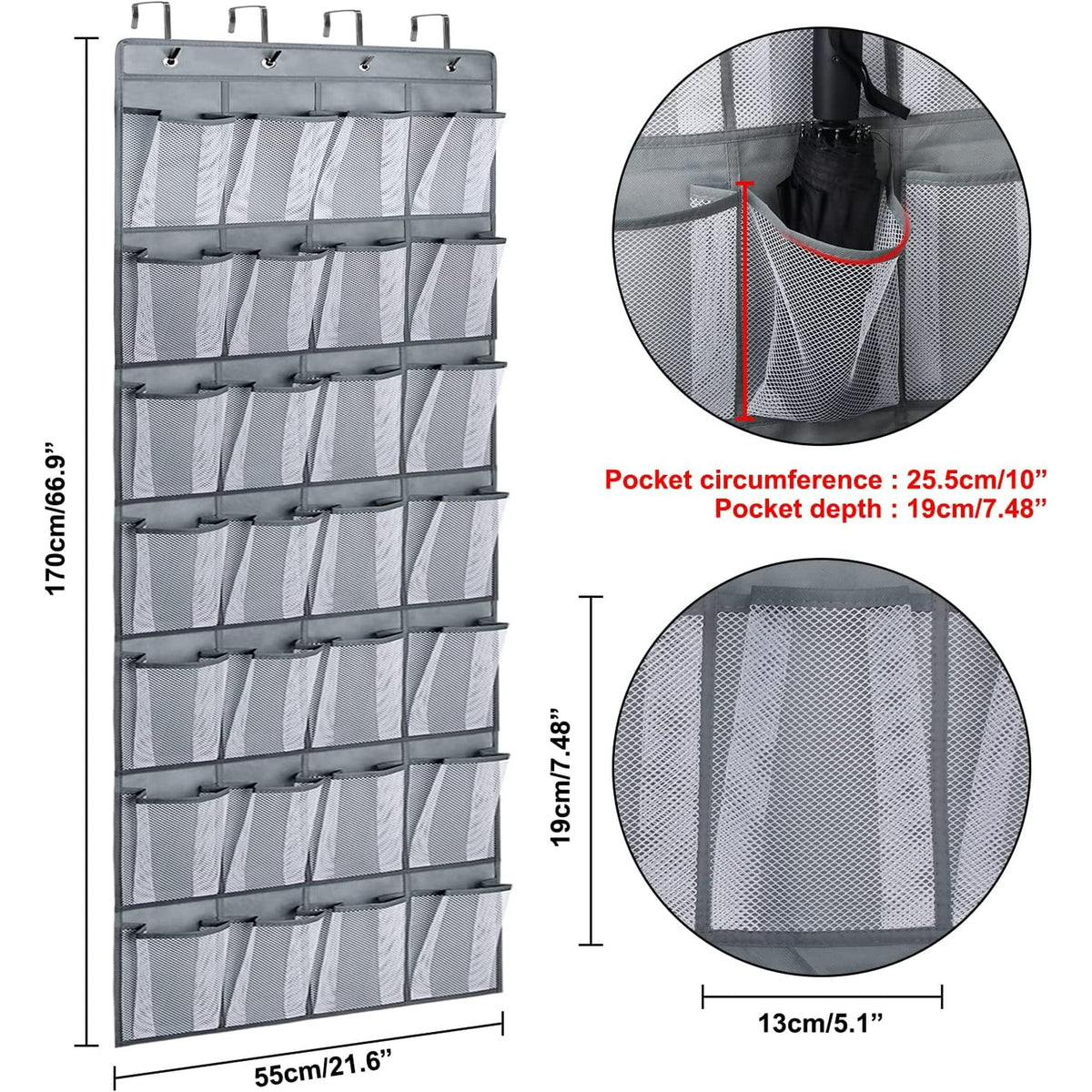 IZEYNO Over the Door Shoe Organizer, 28 Mesh Pockets Hanging Shoe Organizer for Closet, Gray, 1 Pack