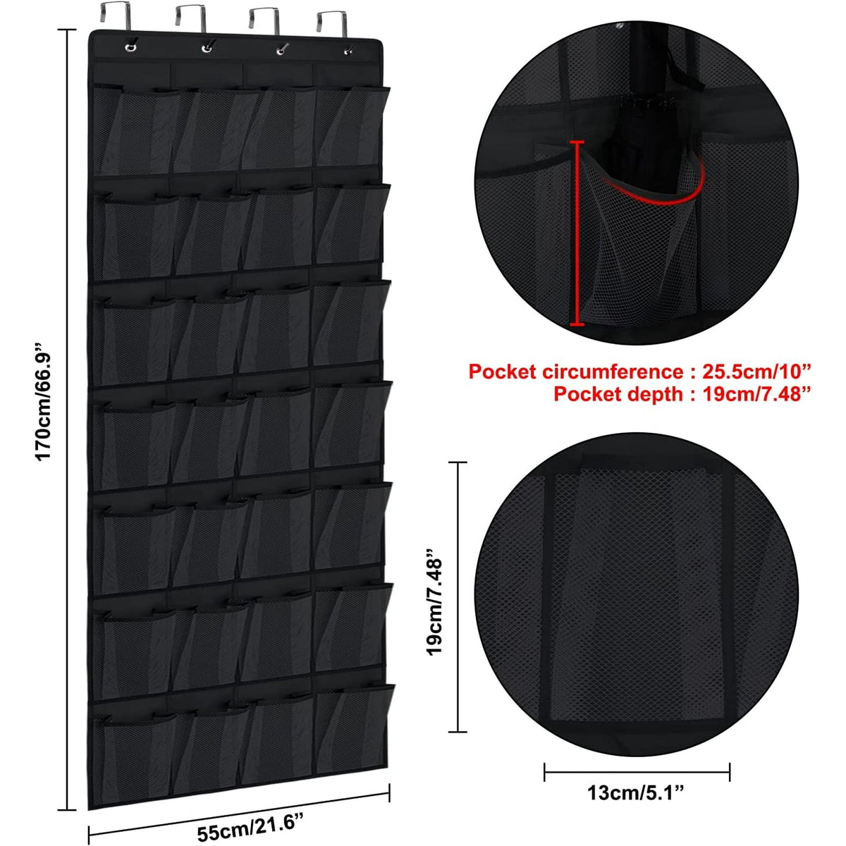 IZEYNO Over the Door Shoe Organizer, 28 Mesh Pockets Hanging Shoe Organizer for Closet, Black, 1 Pack