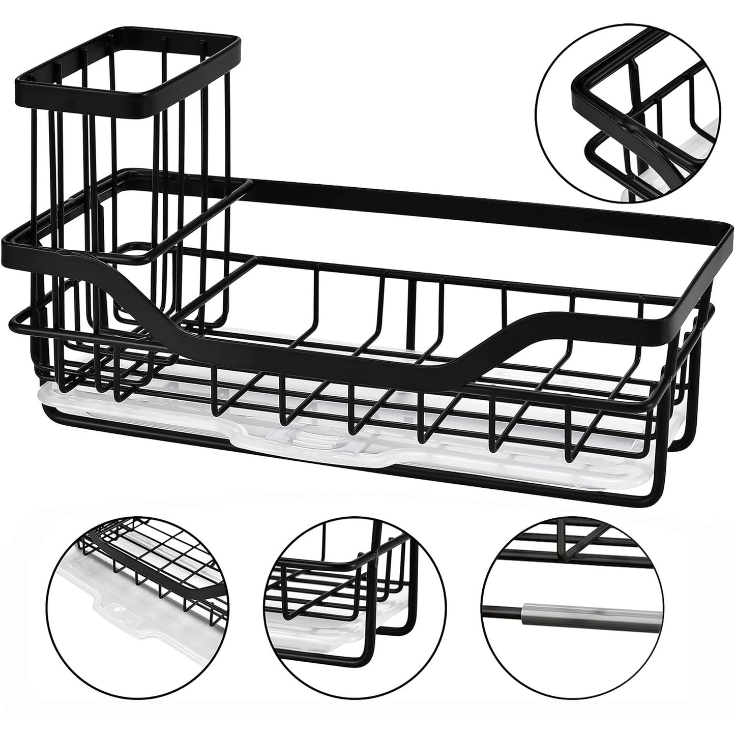 IZEYNO Sink Caddy Kitchen Organizer Multifunctional Anti-Rust Sponge Holder with Drain Tray for Sink Stainless Steel Sink Rack Black
