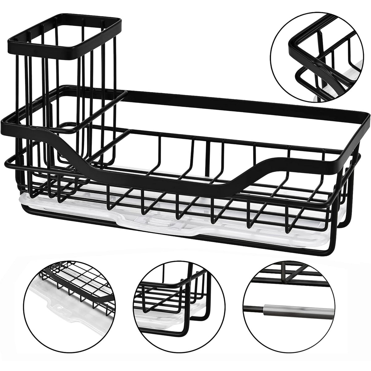 IZEYNO Sink Caddy Kitchen Organizer Multifunctional Anti-Rust Sponge Holder with Drain Tray for Sink Stainless Steel Sink Rack Black