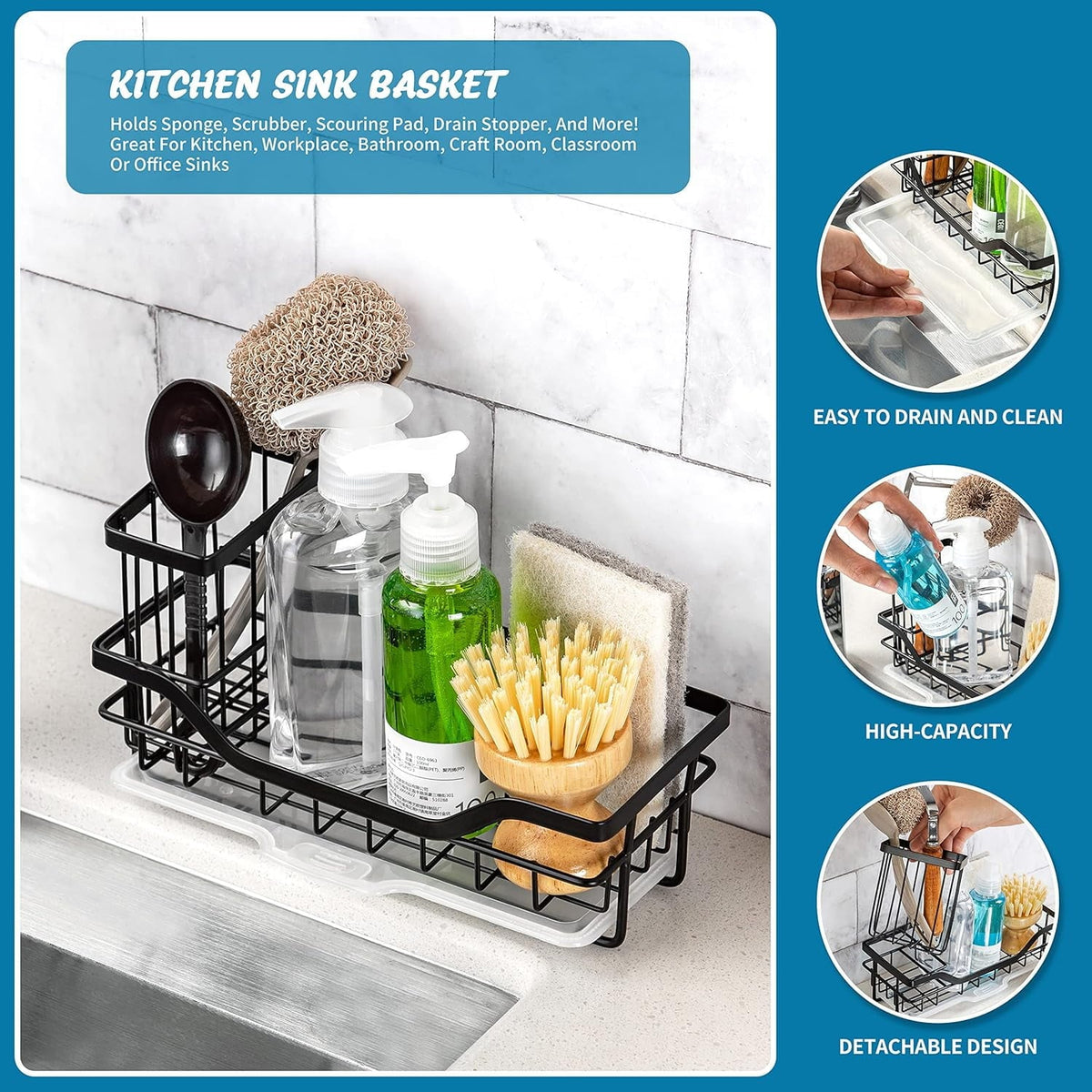 IZEYNO Sink Caddy Kitchen Organizer Multifunctional Anti-Rust Sponge Holder with Drain Tray for Sink Stainless Steel Sink Rack Black