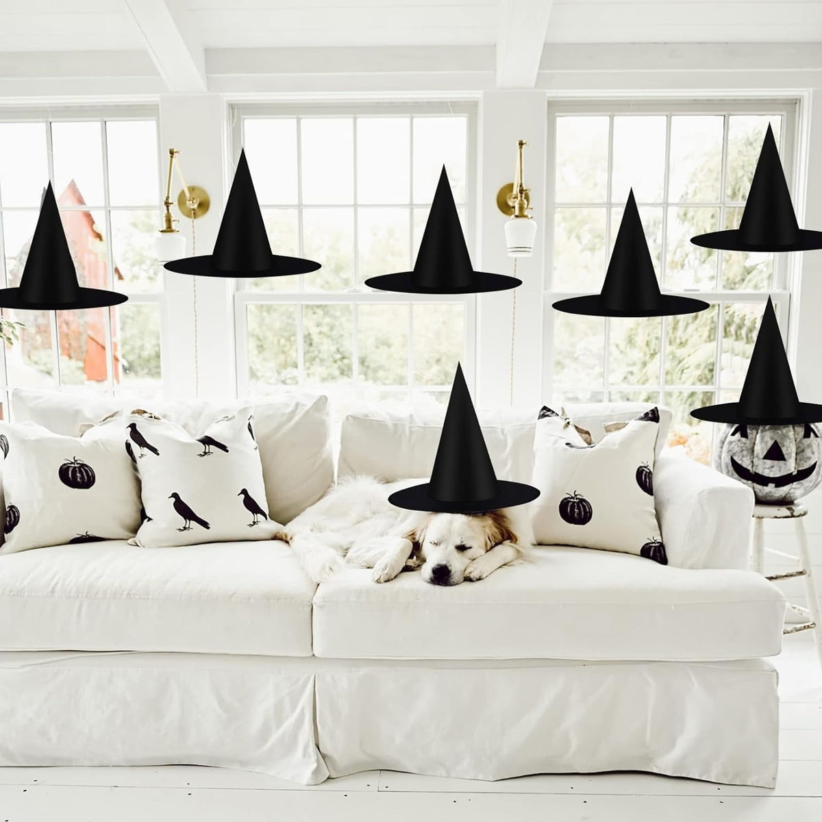 IZEYNO Halloween Decorations, 12 Pcs Witch Hat Costume Accessory, Hanging Black Wizard Hats with Rope for Party Supplies