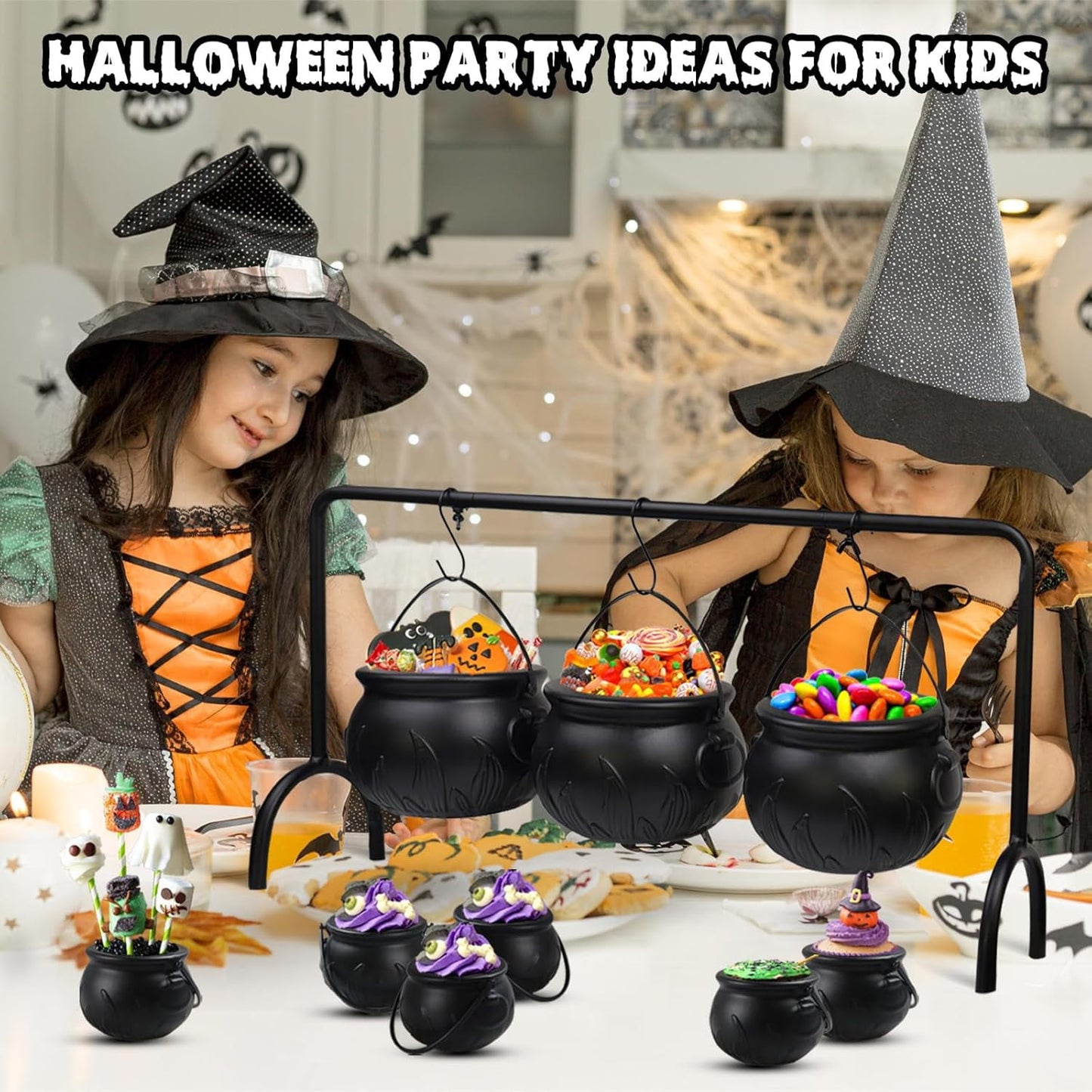 IZEYNO Halloween Party Decorations, 9 Pcs Large and Mini Black Plastic Hanging Witches Cauldron Candy Serving Bowls for Party Supplies