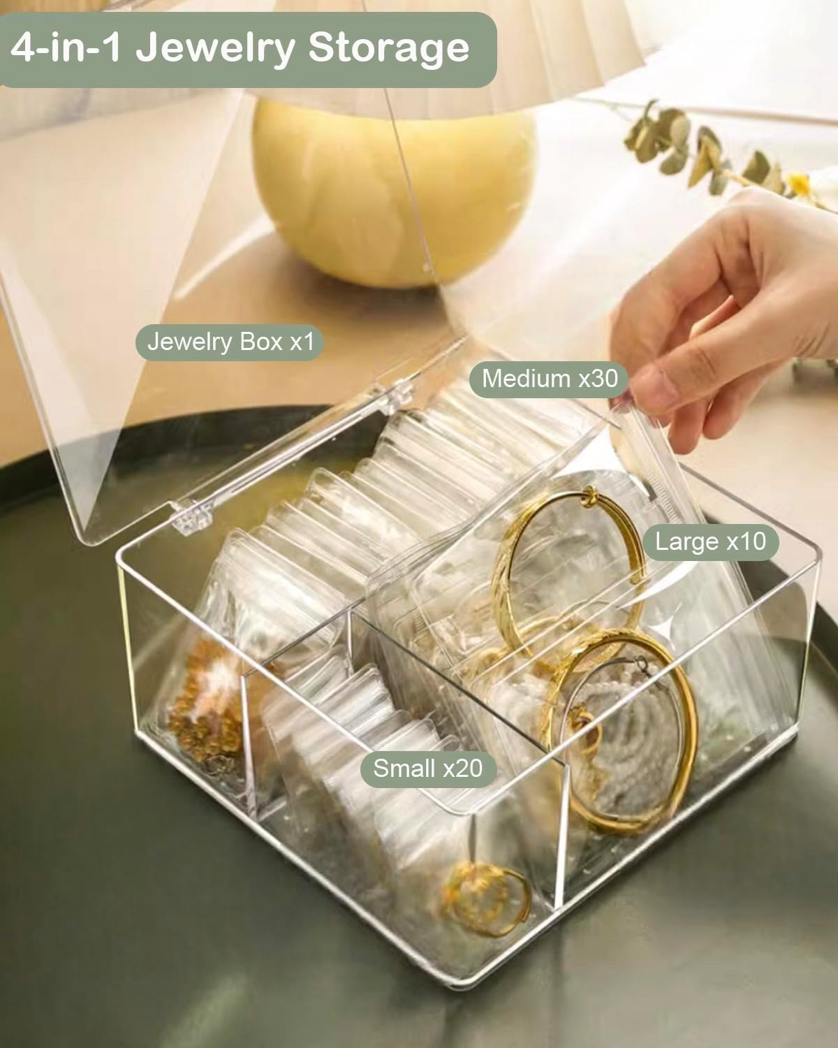 IZEYNO Acrylic Jewelry Organizers with 60 Portable Anti Tarnish Jewelry Bags, Travel Jewelry Case for Earrings Rings Necklaces
