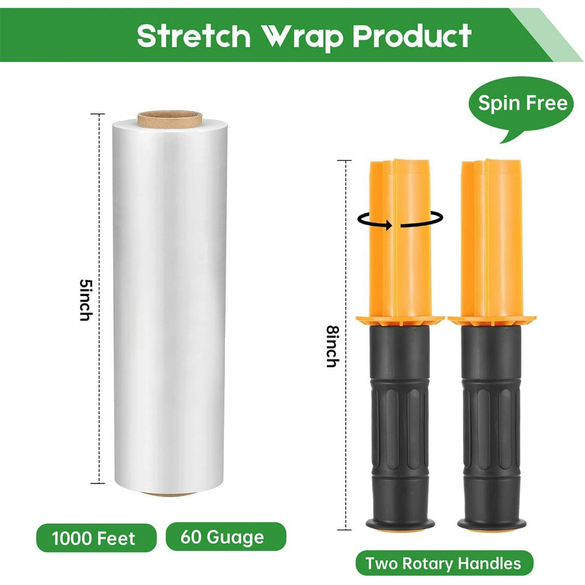 15" Clear Stretch Wrap Roll with Handles, 1000 ft, 60 Gauge