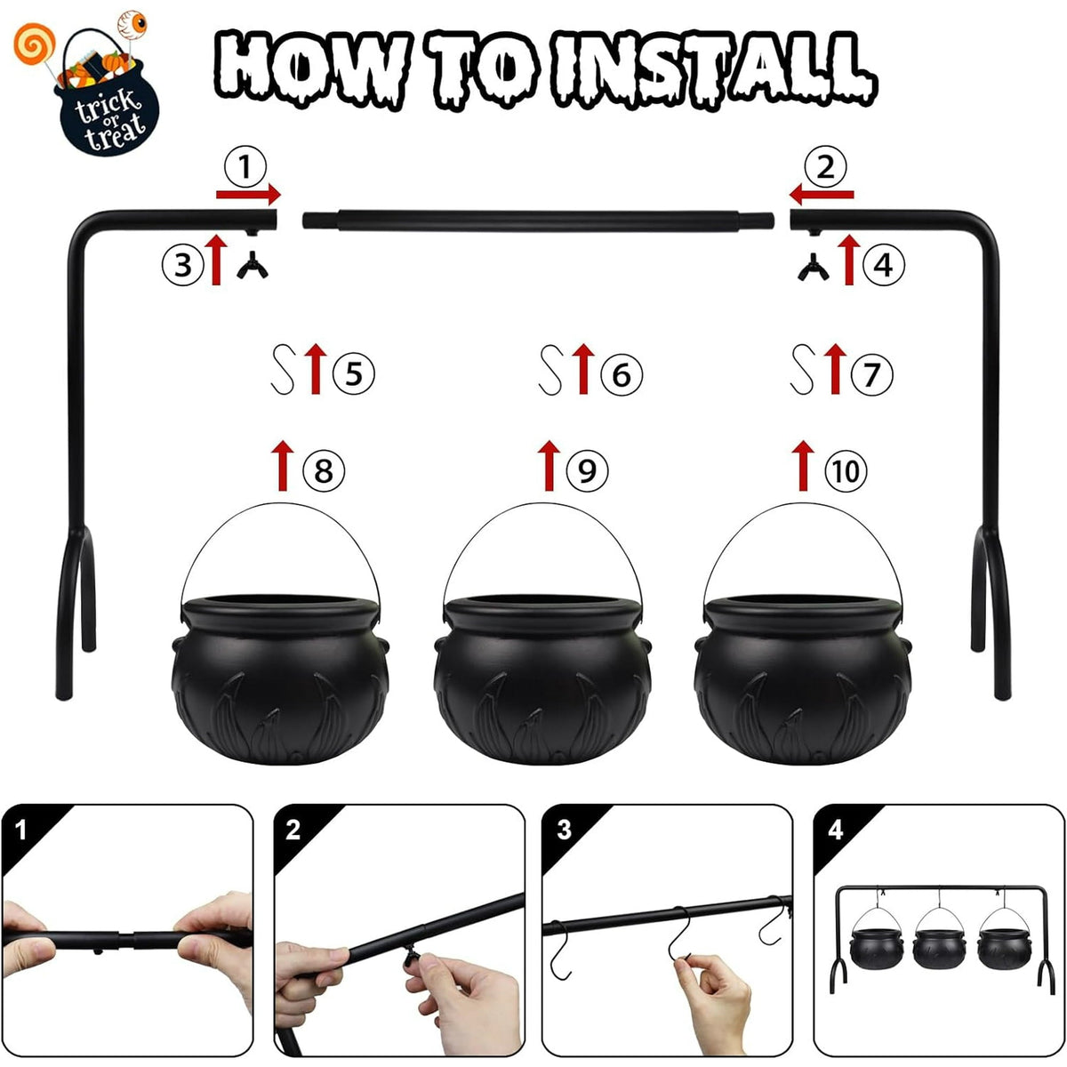 IZEYNO Halloween Party Decorations, 9 Pcs Large and Mini Black Plastic Hanging Witches Cauldron Candy Serving Bowls for Party Supplies