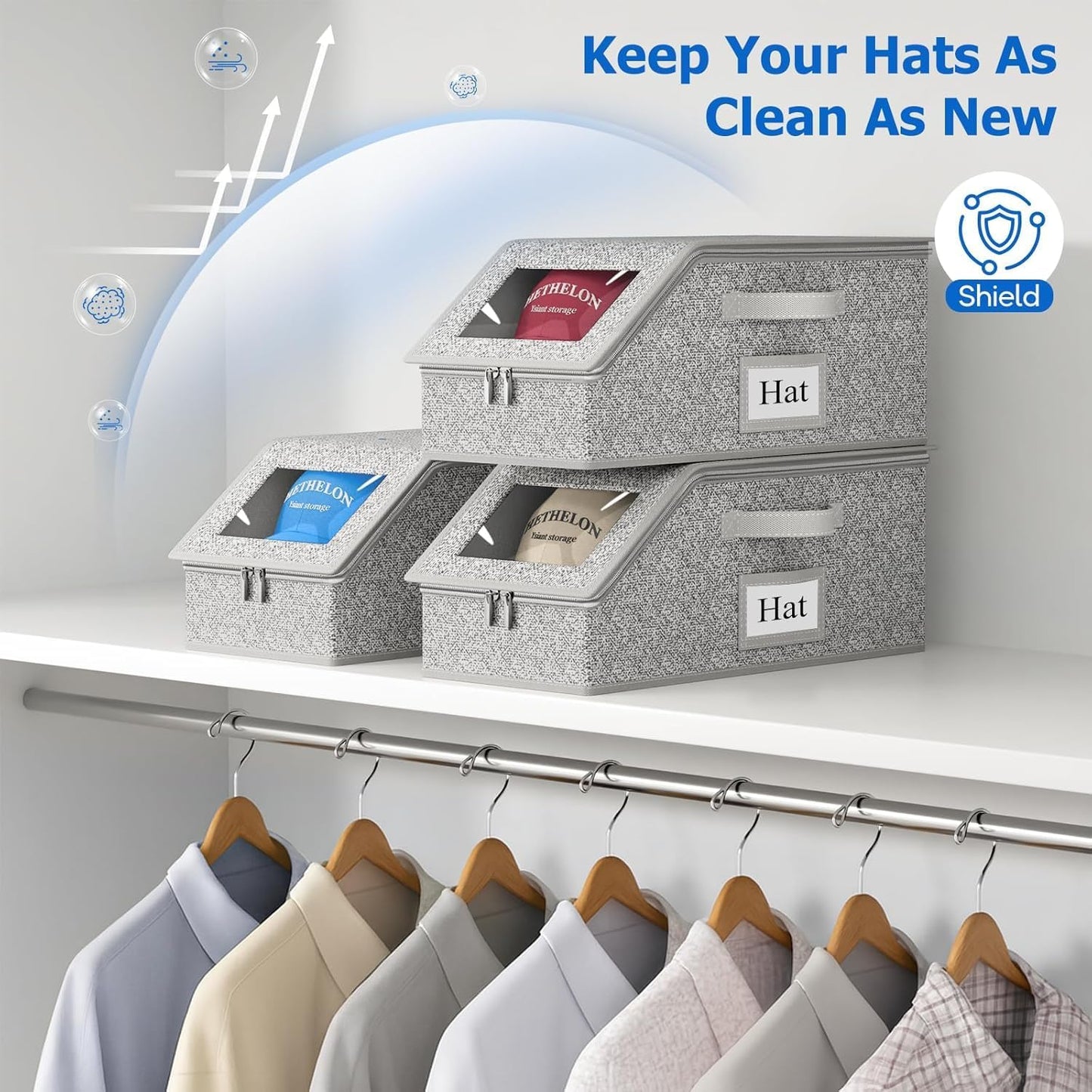 IZEYNO 3 PCS Stackable Hat Storage Boxes for Baseball Caps, Holds Up to 36 Caps Hat Organizer, Space-Saving Snapback Boxes for Closet, Gray