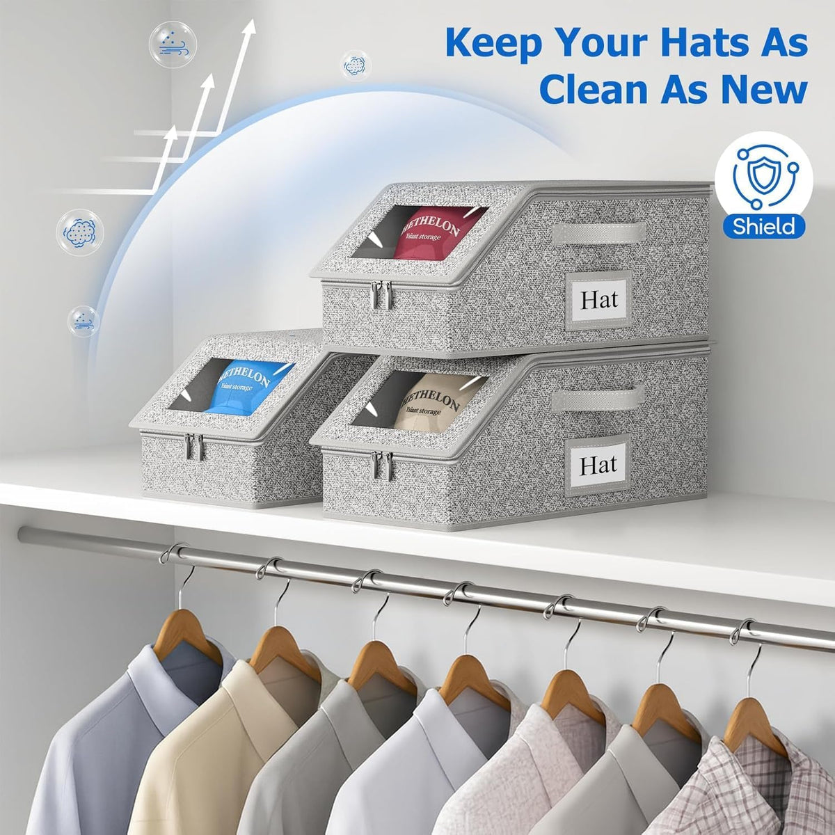 IZEYNO 3 PCS Stackable Hat Storage Boxes for Baseball Caps, Holds Up to 36 Caps Hat Organizer, Space-Saving Snapback Boxes for Closet, Gray