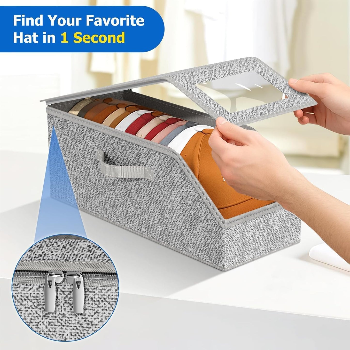 IZEYNO 3 PCS Stackable Hat Storage Boxes for Baseball Caps, Holds Up to 36 Caps Hat Organizer, Space-Saving Snapback Boxes for Closet, Gray