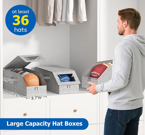 IZEYNO 3 PCS Stackable Hat Storage Boxes for Baseball Caps, Holds Up to 36 Caps Hat Organizer, Space-Saving Snapback Boxes for Closet, Gray
