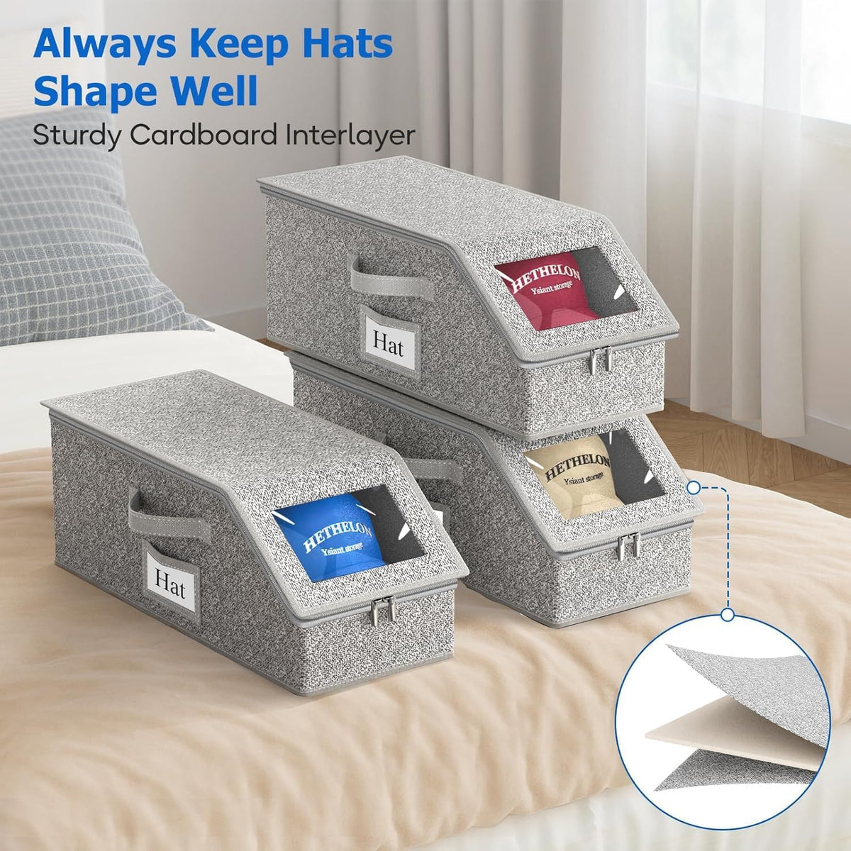 IZEYNO 3 PCS Stackable Hat Storage Boxes for Baseball Caps, Holds Up to 36 Caps Hat Organizer, Space-Saving Snapback Boxes for Closet, Gray