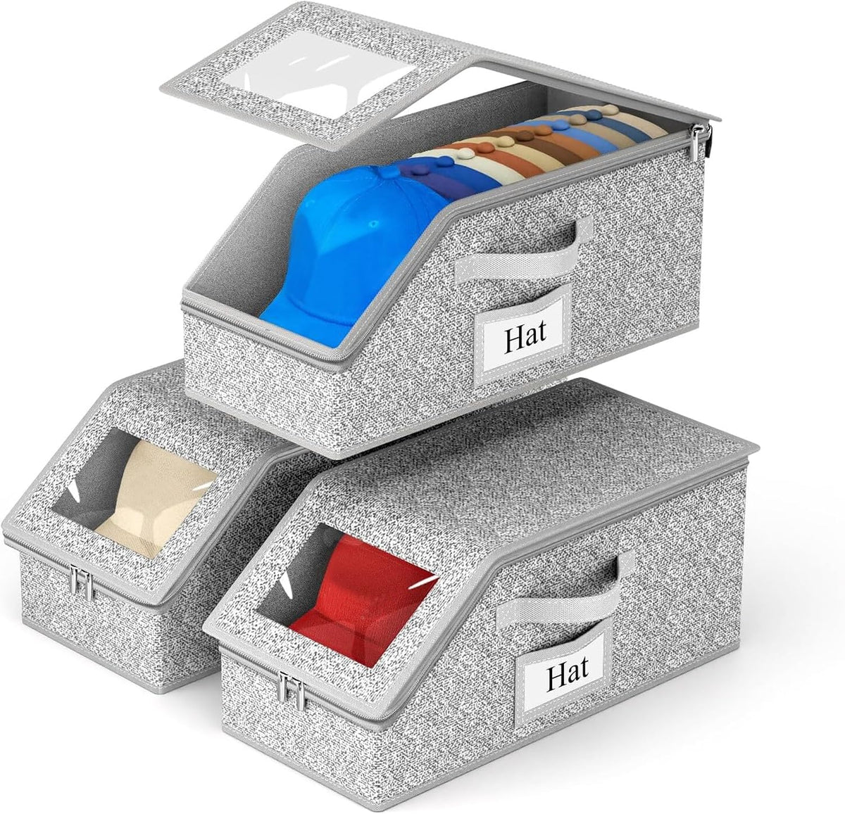 IZEYNO 3 PCS Stackable Hat Storage Boxes for Baseball Caps, Holds Up to 36 Caps Hat Organizer, Space-Saving Snapback Boxes for Closet, Gray
