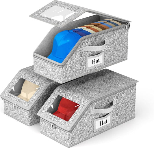 IZEYNO 3 PCS Stackable Hat Storage Boxes for Baseball Caps, Holds Up to 36 Caps Hat Organizer, Space-Saving Snapback Boxes for Closet, Gray