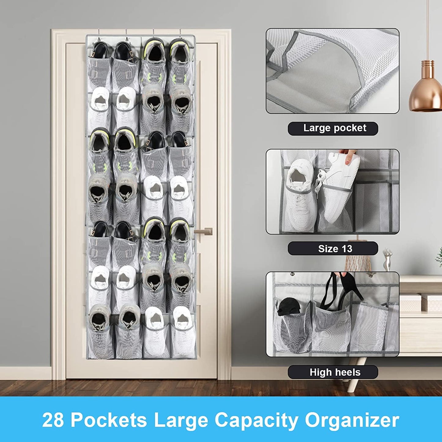 IZEYNO Over the Door Shoe Organizer, 28 Mesh Pockets Hanging Shoe Organizer for Closet, Gray, 1 Pack
