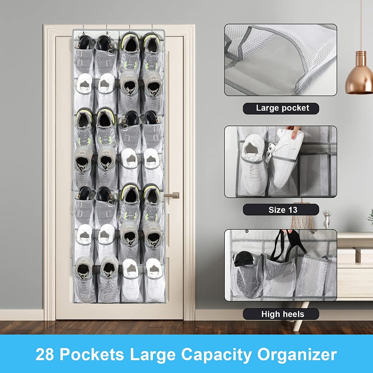 IZEYNO Over the Door Shoe Organizer, 28 Mesh Pockets Hanging Shoe Organizer for Closet, Gray, 1 Pack