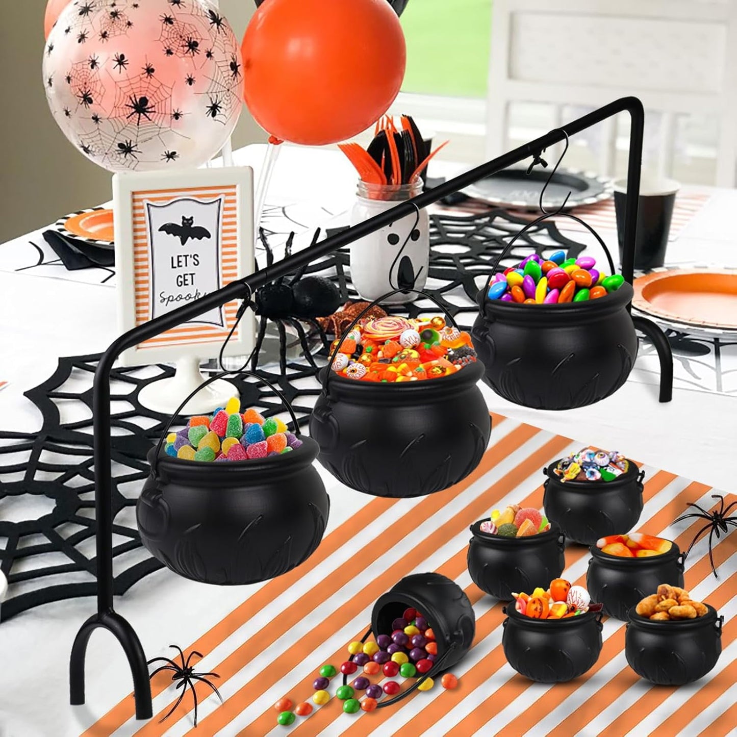 IZEYNO Halloween Party Decorations, 9 Pcs Large and Mini Black Plastic Hanging Witches Cauldron Candy Serving Bowls for Party Supplies