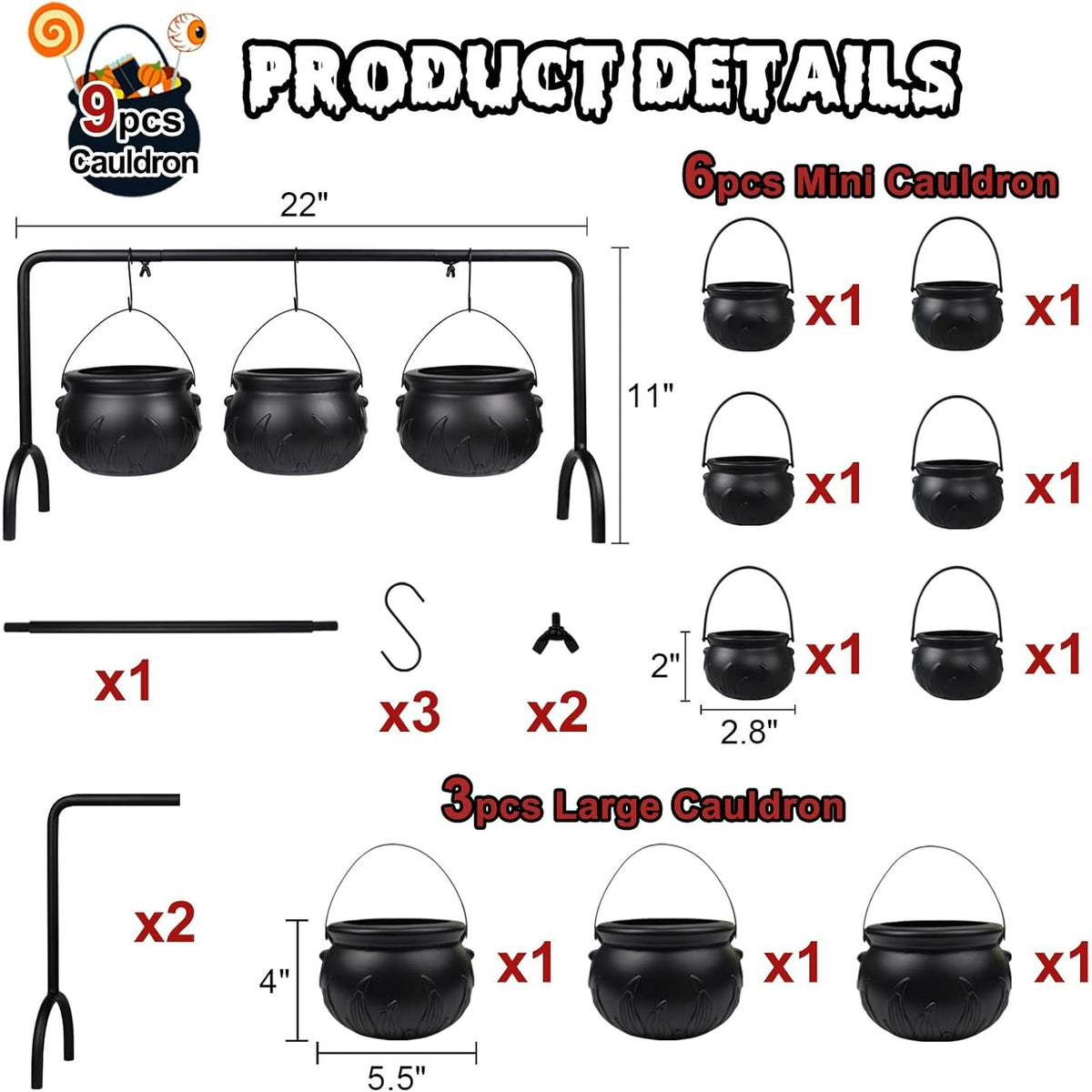 IZEYNO Halloween Party Decorations, 9 Pcs Large and Mini Black Plastic Hanging Witches Cauldron Candy Serving Bowls for Party Supplies