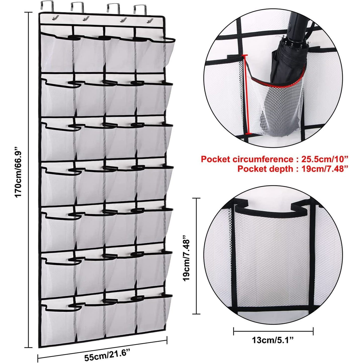 IZEYNO Over the Door Shoe Organizer, 28 Mesh Pockets Hanging Shoe Organizer for Closet, White, 1 Pack