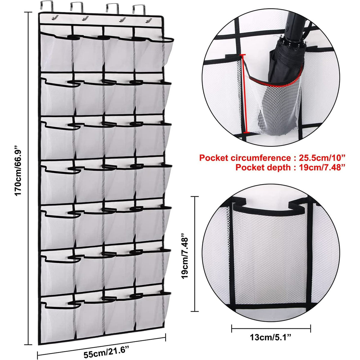 IZEYNO Over the Door Shoe Organizer, 28 Mesh Pockets Hanging Shoe Organizer for Closet, White, 1 Pack