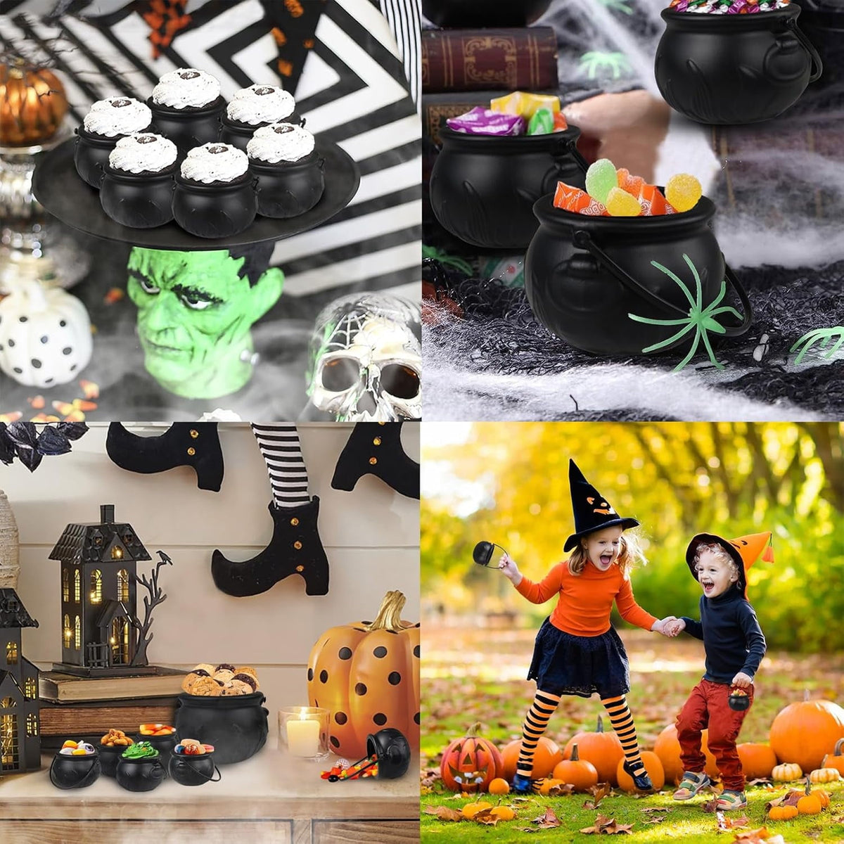 IZEYNO Halloween Party Decorations, 9 Pcs Large and Mini Black Plastic Hanging Witches Cauldron Candy Serving Bowls for Party Supplies
