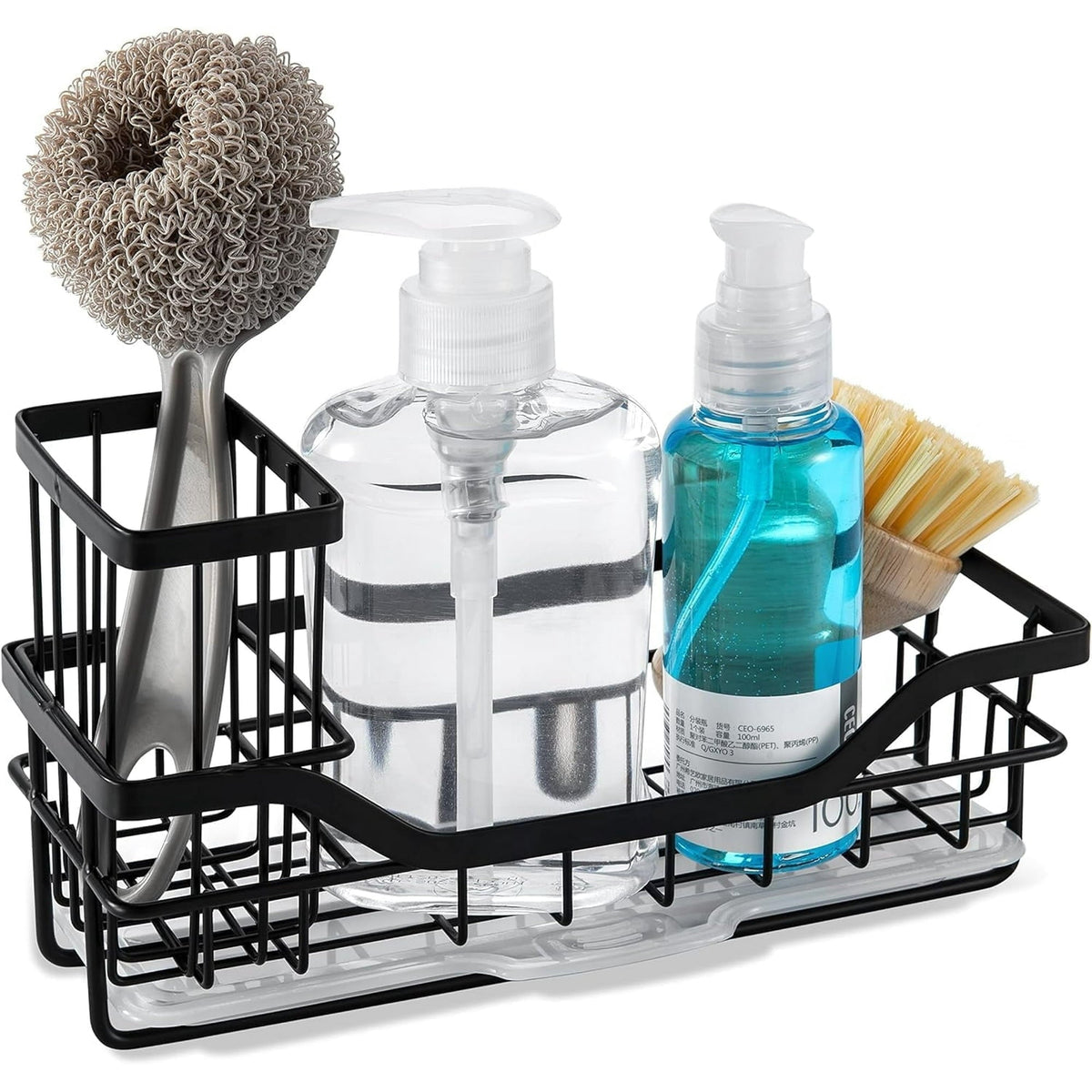 IZEYNO Sink Caddy Kitchen Organizer Multifunctional Anti-Rust Sponge Holder with Drain Tray for Sink Stainless Steel Sink Rack Black