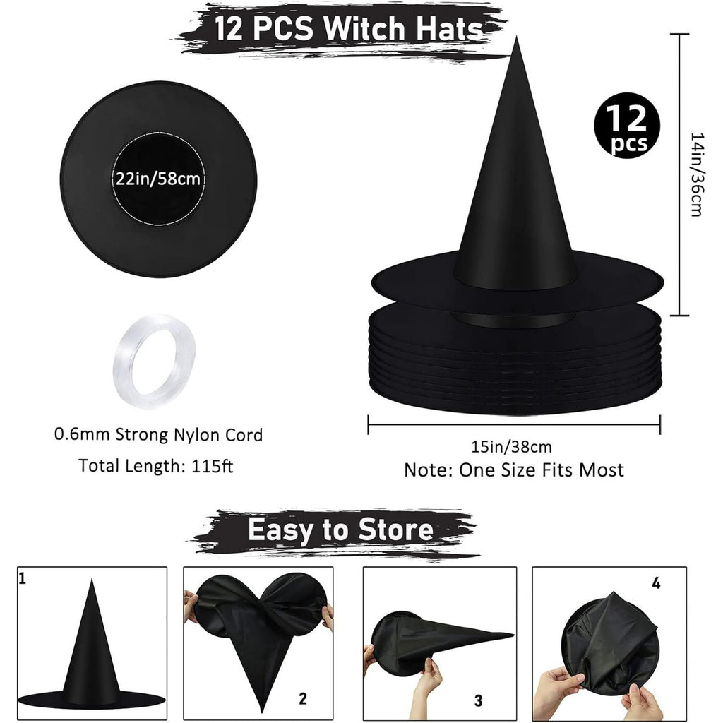 Halloween Witch Hat Decorations, 12 Pack Hanging Black Wizard Hats