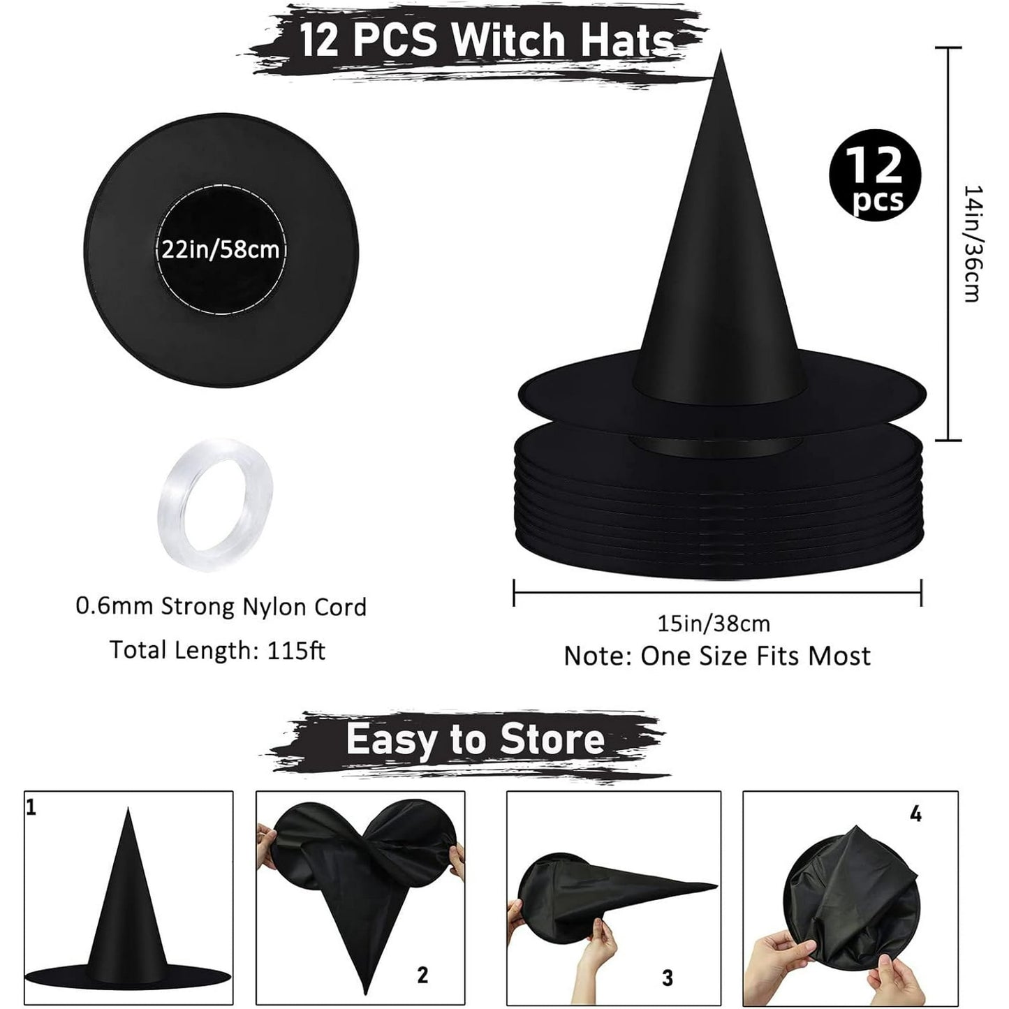 IZEYNO Halloween Decorations, 12 Pcs Witch Hat Costume Accessory, Hanging Black Wizard Hats with Rope for Party Supplies