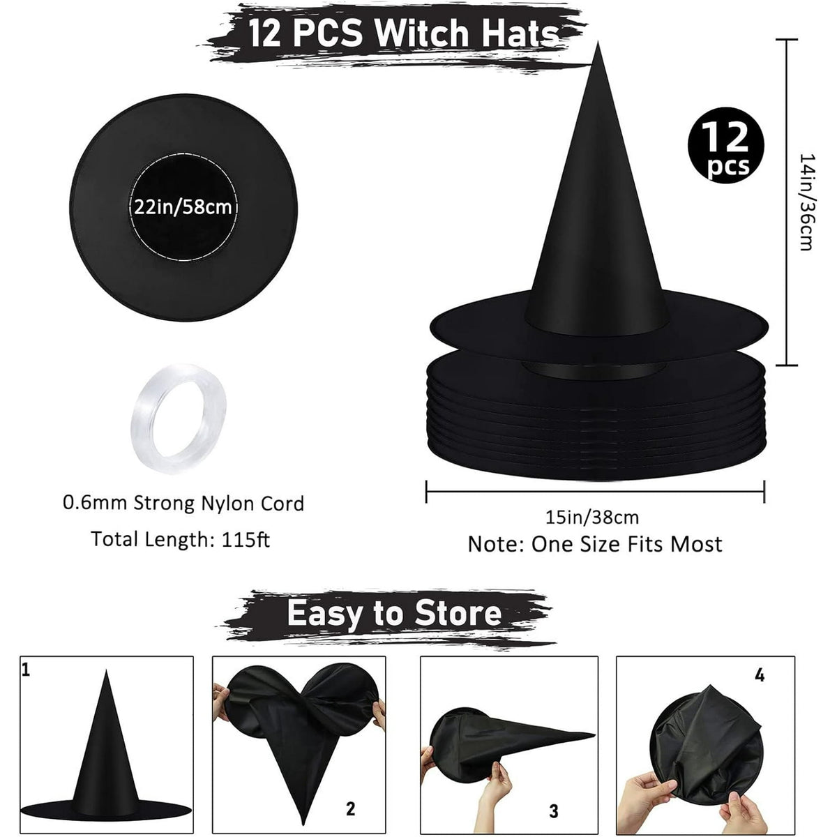 IZEYNO Halloween Decorations, 12 Pcs Witch Hat Costume Accessory, Hanging Black Wizard Hats with Rope for Party Supplies
