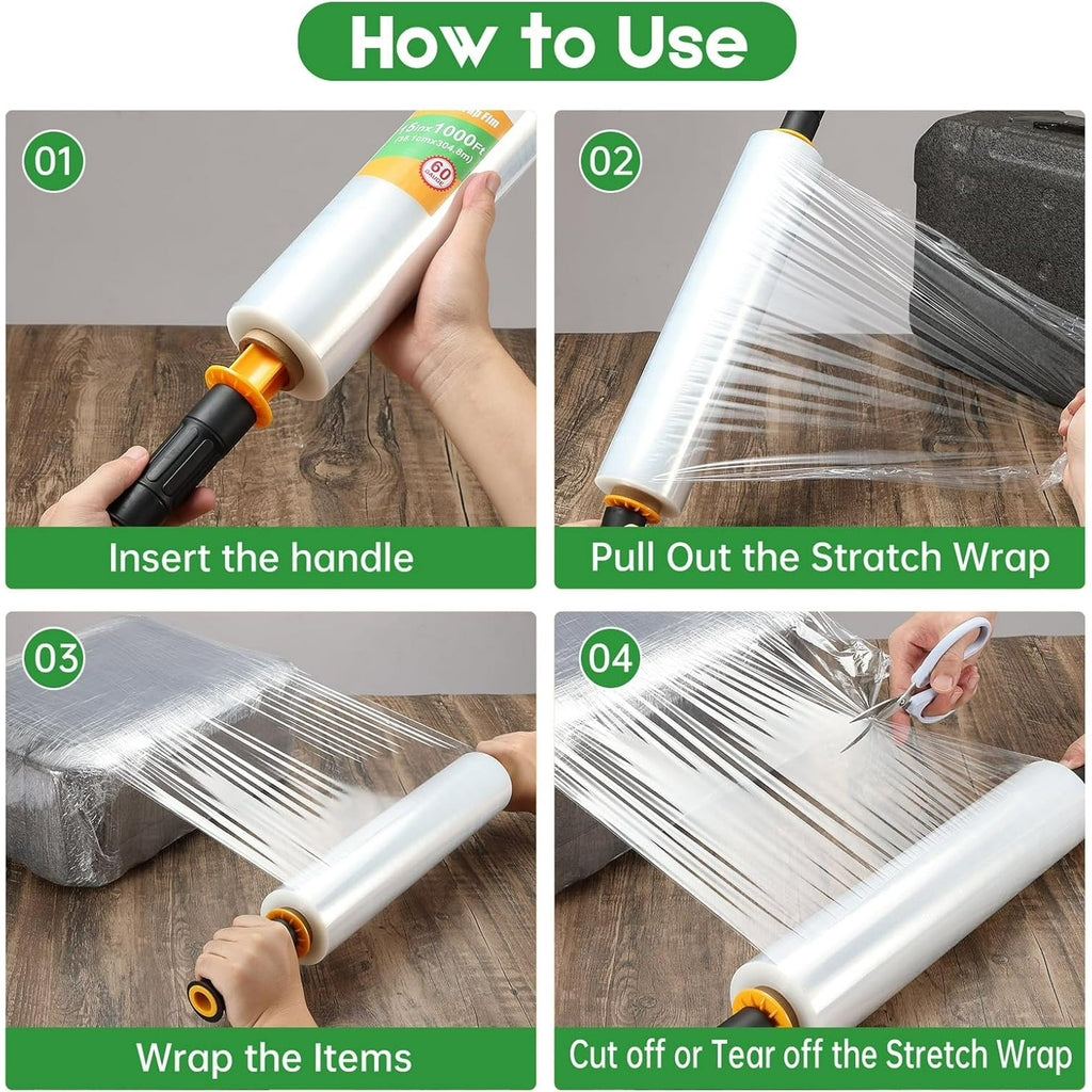 15" Clear Stretch Wrap Roll with Handles, 1000 ft, 60 Gauge