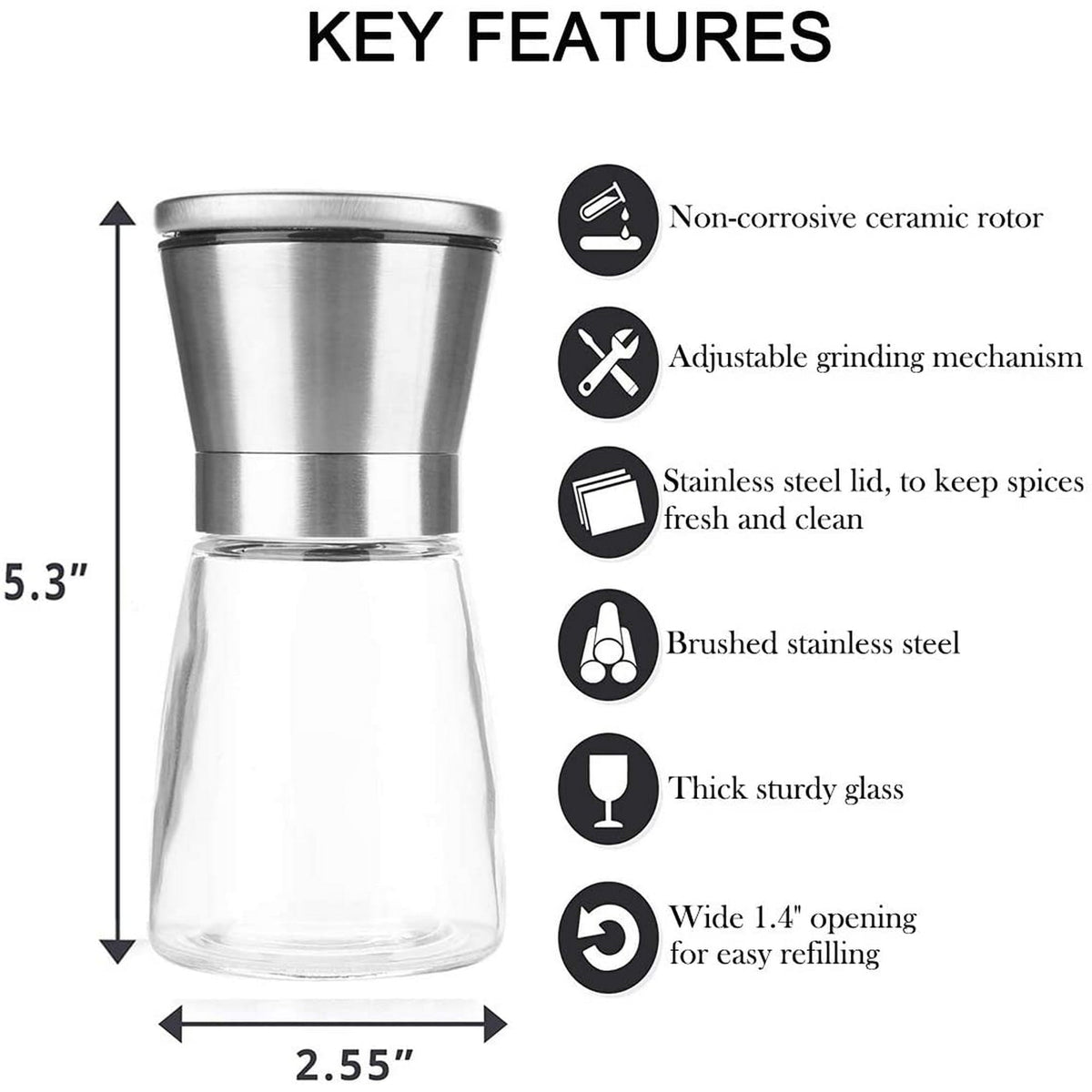 IZEYNO Salt and Pepper Grinder Set of 2, Premium Stainless Steel Spice Mill with Adjustable Coarseness