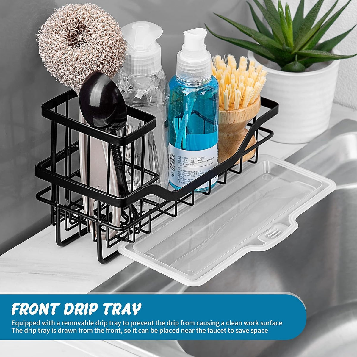 IZEYNO Sink Caddy Kitchen Organizer Multifunctional Anti-Rust Sponge Holder with Drain Tray for Sink Stainless Steel Sink Rack Black