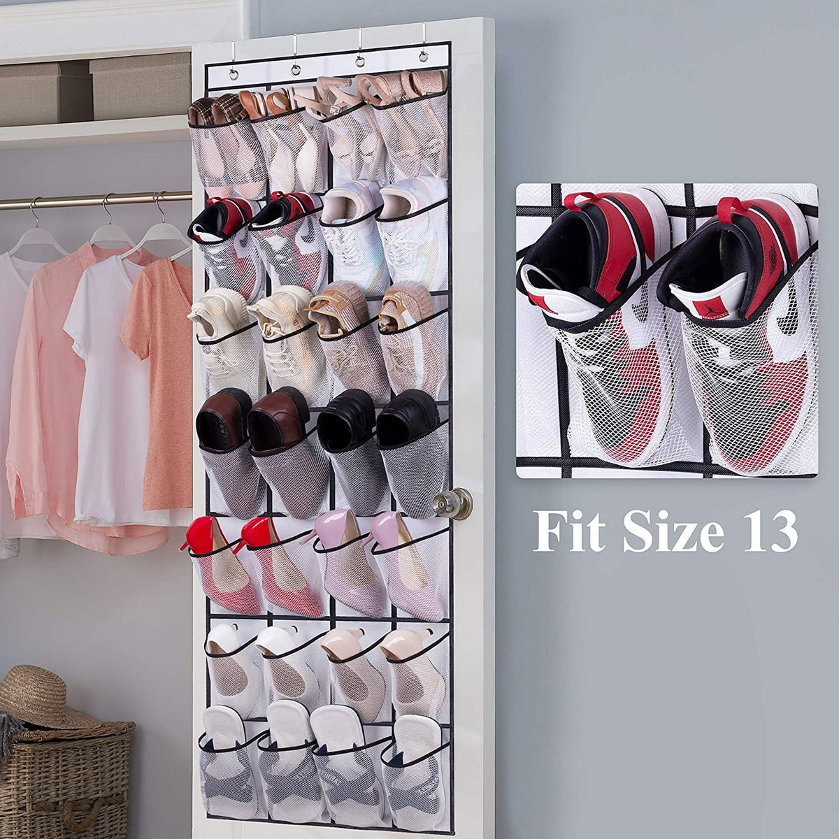 IZEYNO Over the Door Shoe Organizer, 28 Mesh Pockets Hanging Shoe Organizer for Closet, White, 1 Pack