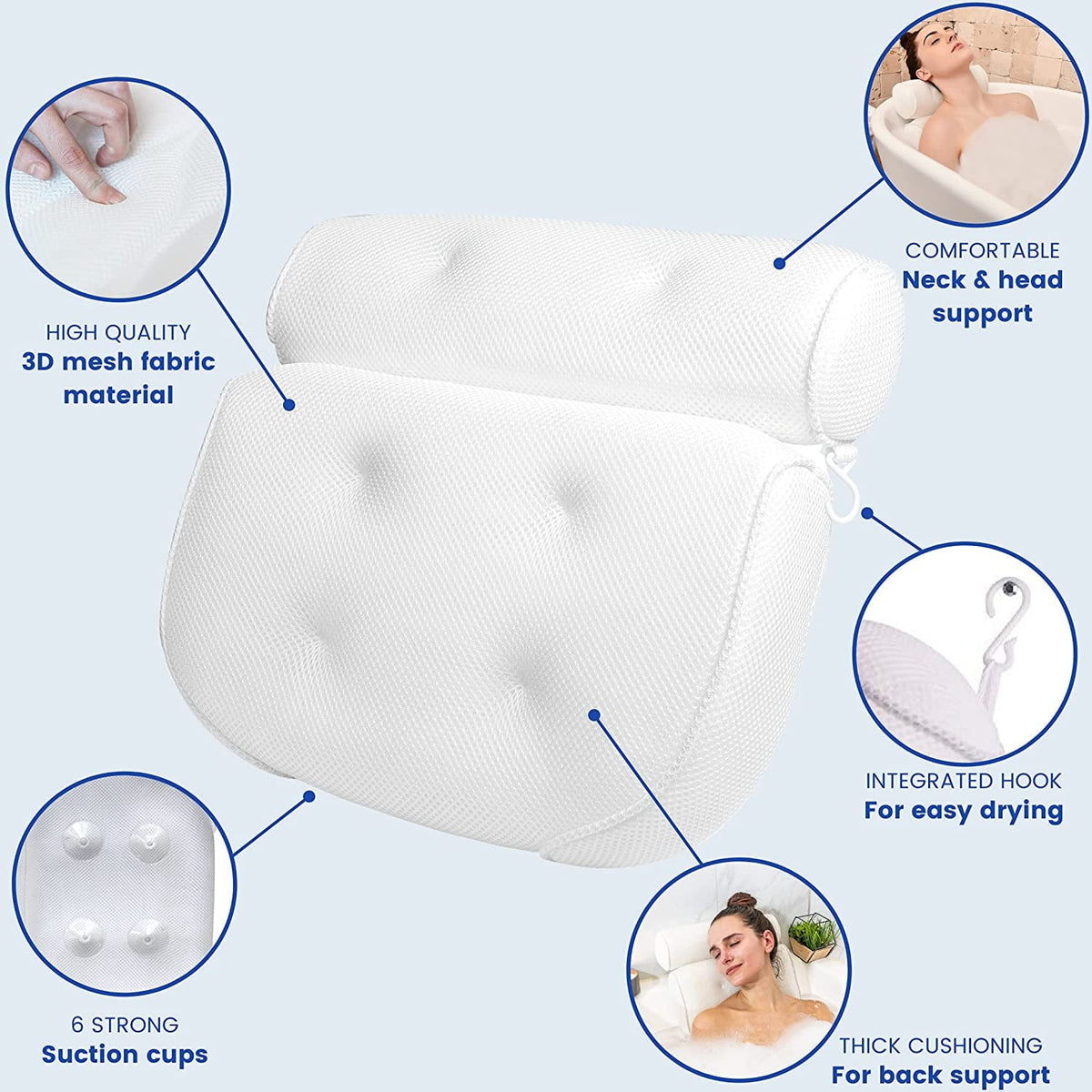 IZEYNO Bath Pillows for Tub Neck and Back Support, Bathtub Pillows with 6 Non Slip Suction Cups, Spa Pillows for Bathtub