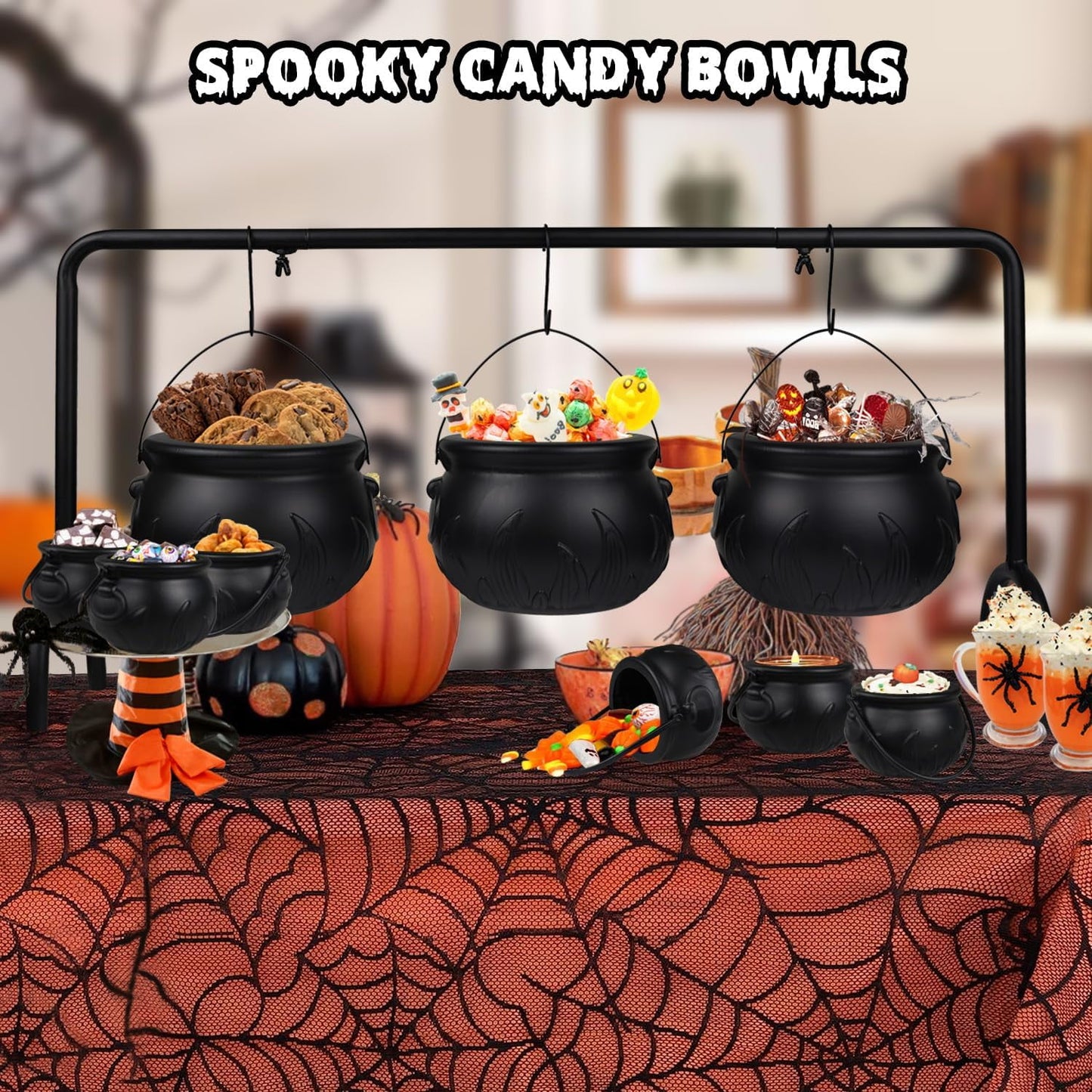 IZEYNO Halloween Party Decorations, 9 Pcs Large and Mini Black Plastic Hanging Witches Cauldron Candy Serving Bowls for Party Supplies