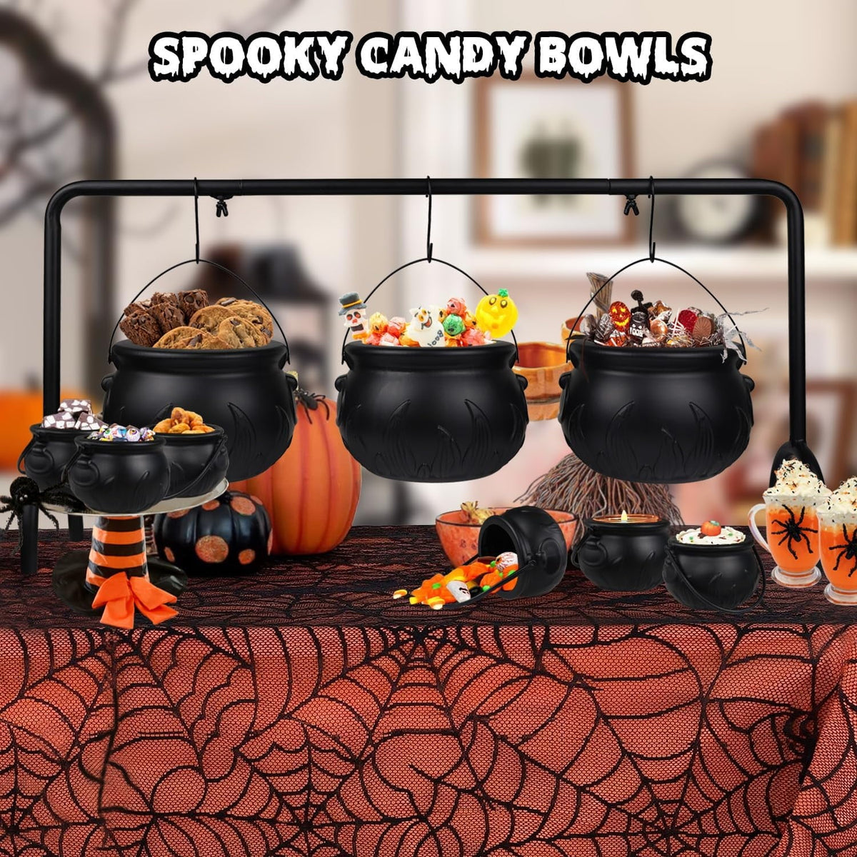 IZEYNO Halloween Party Decorations, 9 Pcs Large and Mini Black Plastic Hanging Witches Cauldron Candy Serving Bowls for Party Supplies