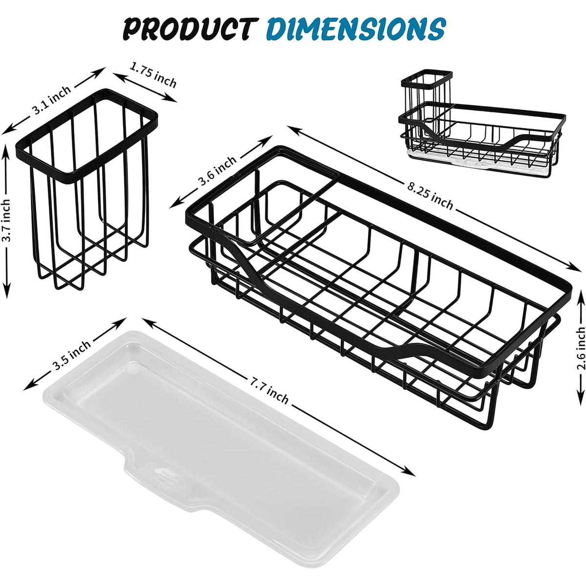 IZEYNO Sink Caddy Kitchen Organizer Multifunctional Anti-Rust Sponge Holder with Drain Tray for Sink Stainless Steel Sink Rack Black
