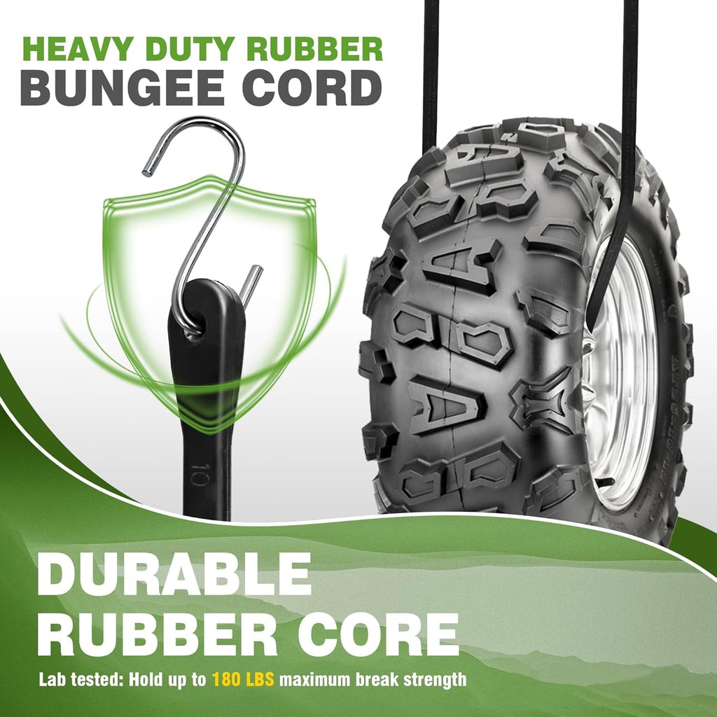 10-Pack EPDM Rubber Bungee Cords with Hooks, 10–31 in, 180 lb Load